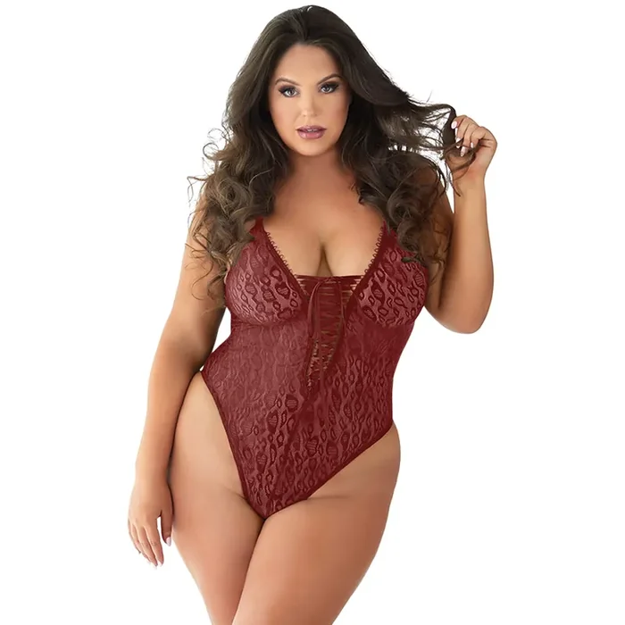 Allure Diva Rayna Leoparden-Body mit Spitzenschnürung in Rot Plus Size