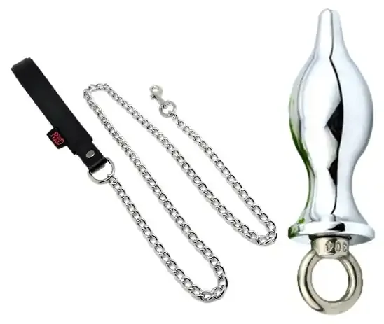 Aluminium Metall Solider Anal Plug – Silber 8,7 x 3,5 cm + Leder Leine 1m Schwarz