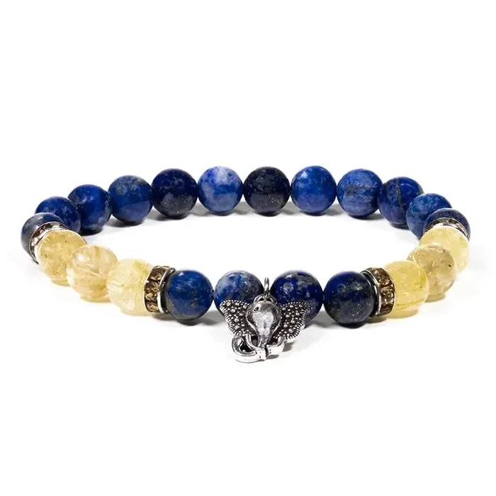 Armband – Lapislazuli / gelber Rutilquarz mit Ganesha – elastisch