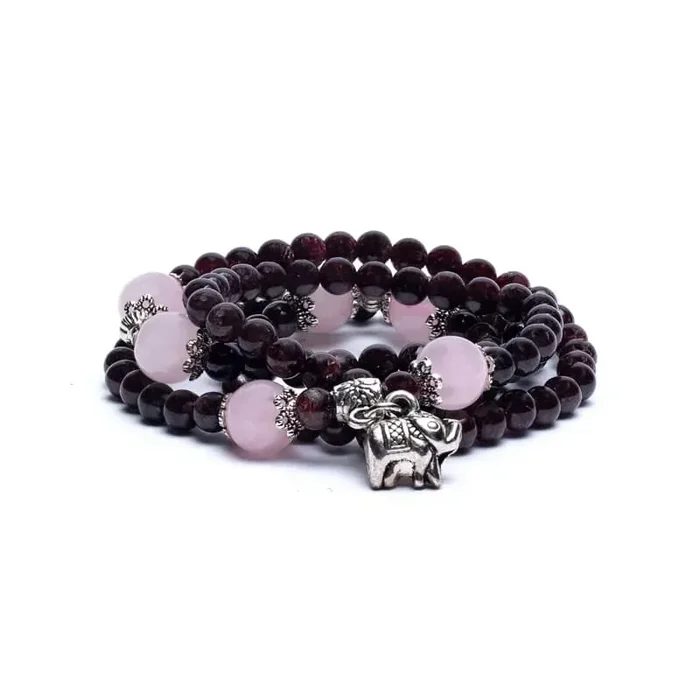 Armband – roter Granat mit Elefant – elastisch