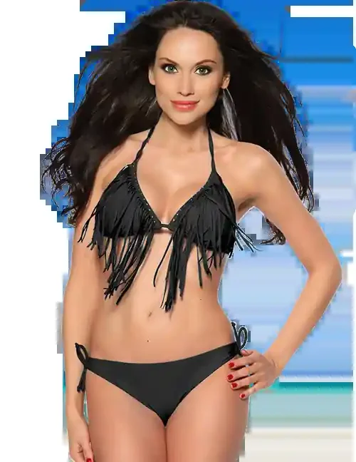 Aufregend heißer Bikini mit Fransen in schwarz
