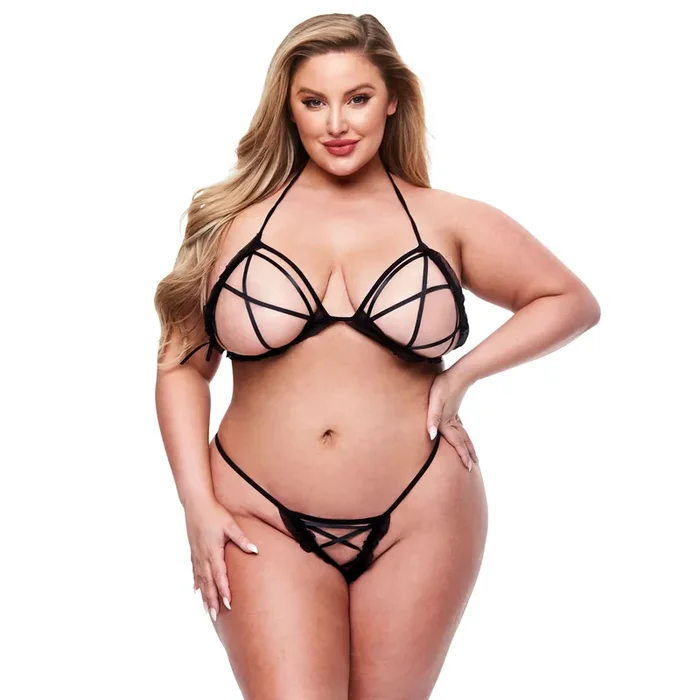 Baci – 2pc Peek-a-boo Bra & Crotchless G-string Set Black Queen