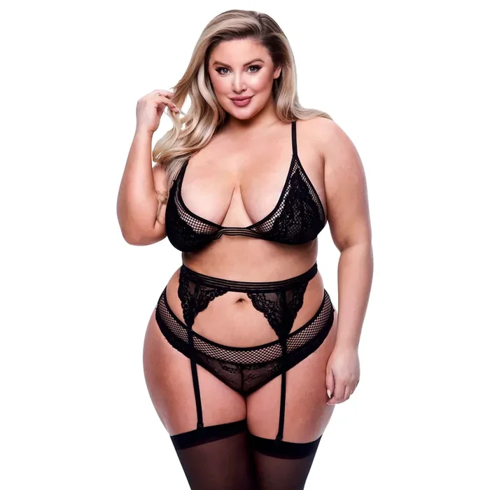 Baci – 3pc Lace & Mesh Bra, Garter & Panty Set-Black Queen