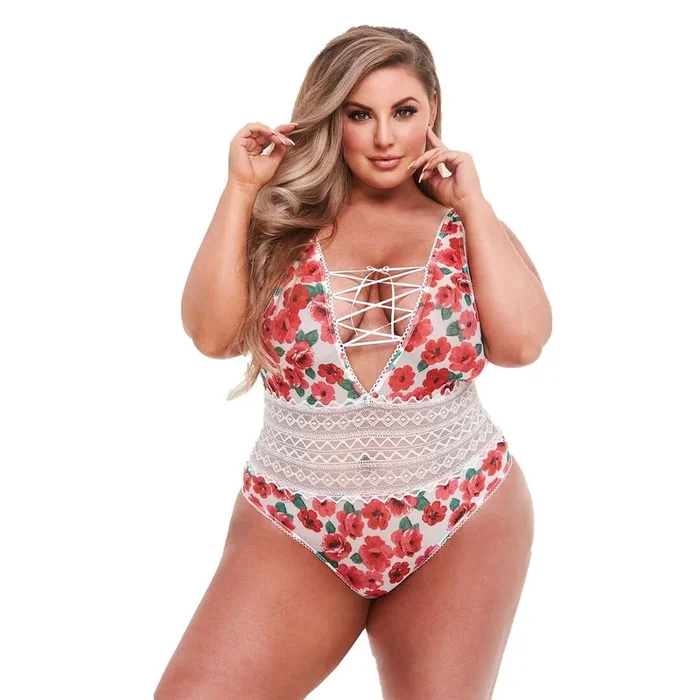 Baci – Weißer-Spitzen-Teddy mit Blumenmuster und Schnürung – Für Kurven
