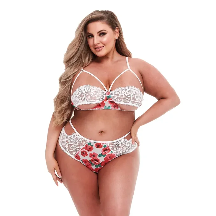 Baci – Weißes Spitzen-BH-Set mit Blumenmuster und Slip mit hoher Taille – Für Kurven