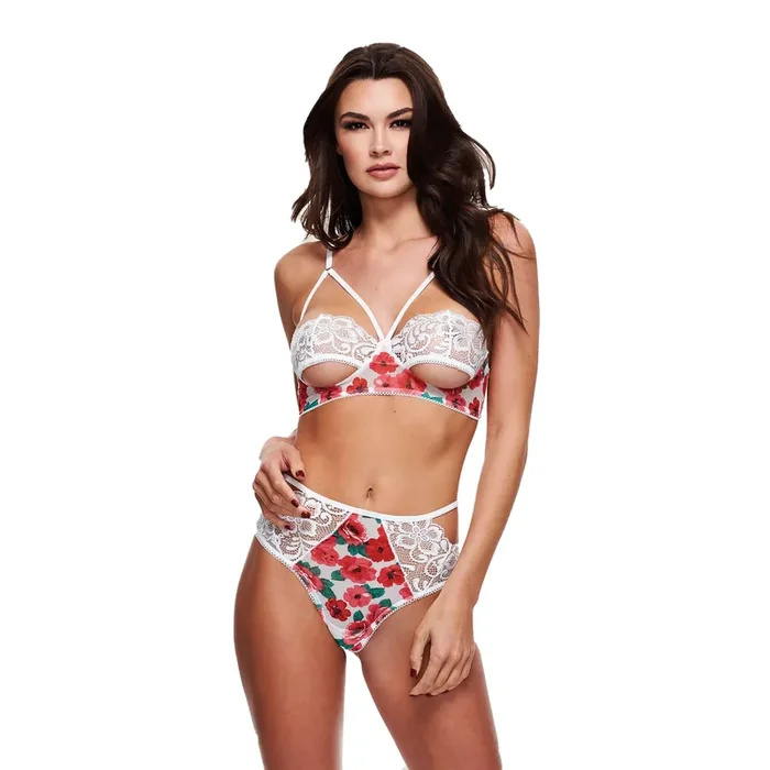 Baci – Weißes Spitzen-BH-Set mit Blumenmuster und Slip mit hoher Taille