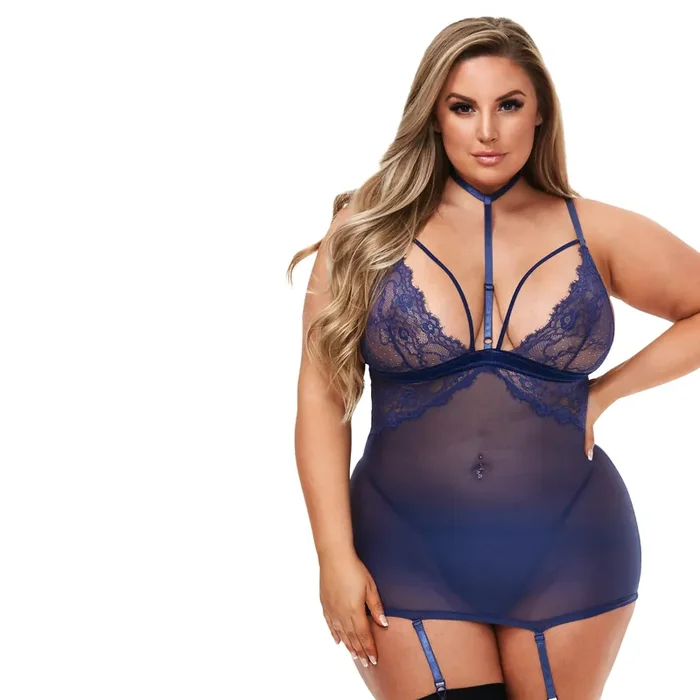 Baci Sexy Blaues Spitzen- und Netz-Minikleid Plus Size