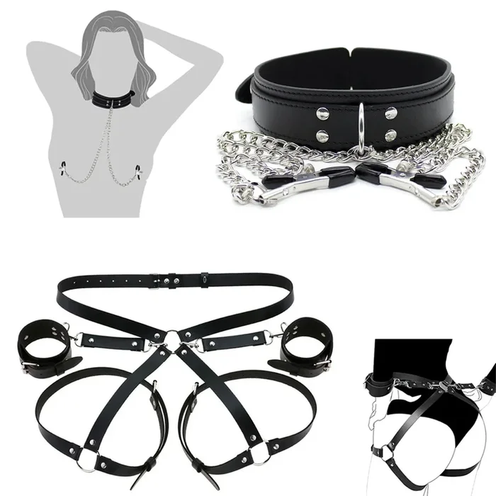 BDSM Handschellen Verstellbare Nippelklemmen Halsband PU Fesselset für Paare Erwachsene