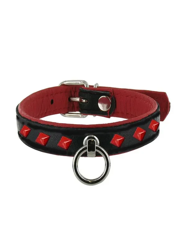 Black Label Leather Studded O-Ring Collar Nietenhalsband, rot