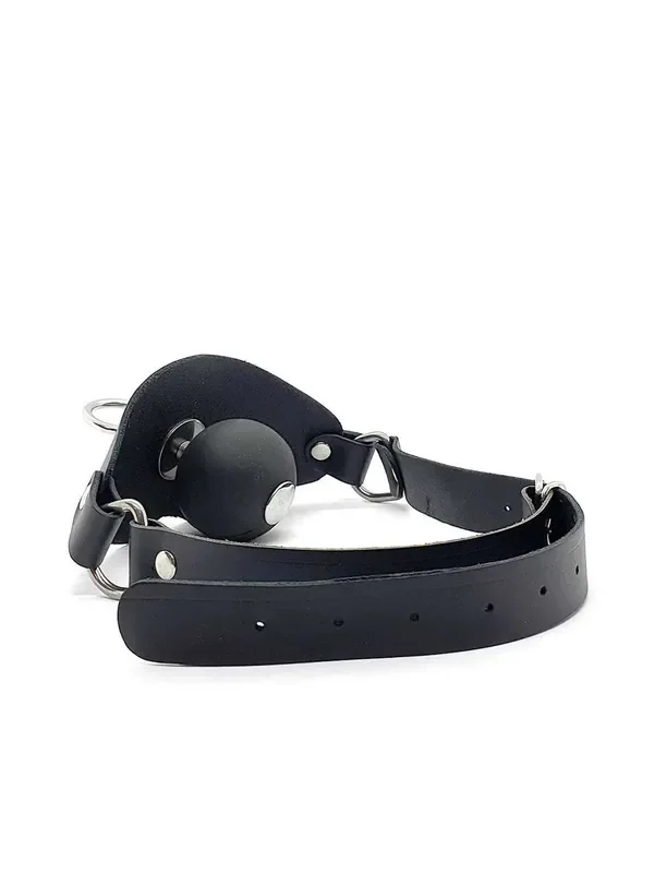 Black Label Leather Super Ball Gag with Eyelet Mundknebel, schwarz
