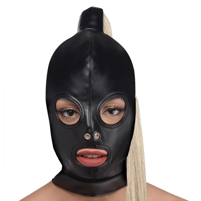 Blonde Pferdeschwanz Bondage Haube – Schwarz