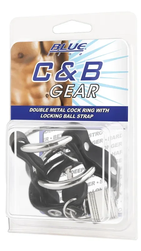 BLUE LINE C&B GEAR Doppelte Metall-Penisringe mit abschließbarem Hodenriemen