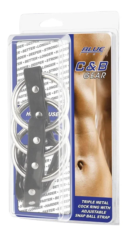 BLUE LINE C&B GEAR Dreifach-Metall-Penisring mit verstellbarem Hodenriemen