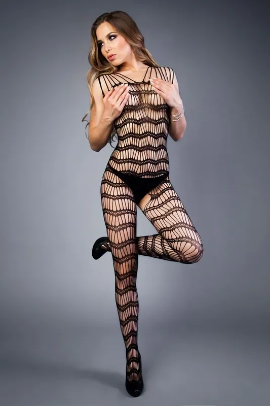 Bodystocking mit offenem Intimbereich und Streifenmuster
