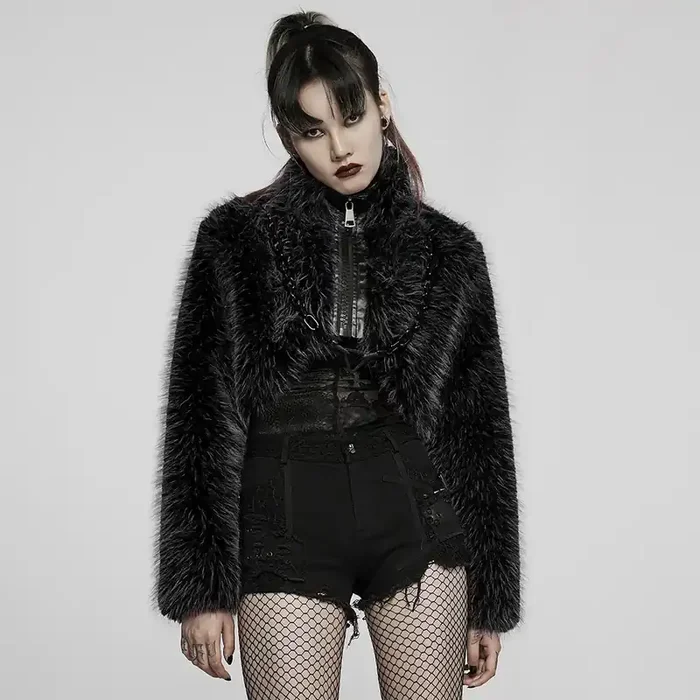 Cropped Faux Fur Jacket mit Kettendetail