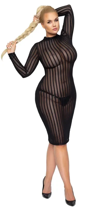 Curvy Langarm-Kleid Plus Size Streifendesign Knielang