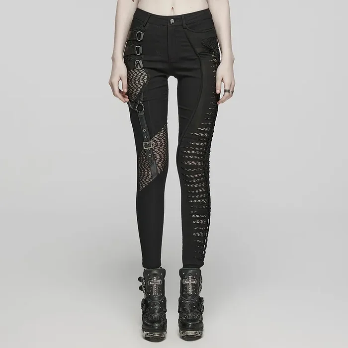 Dark Punk Hose mit asymmetrischen Mesh- & Riemen-Details