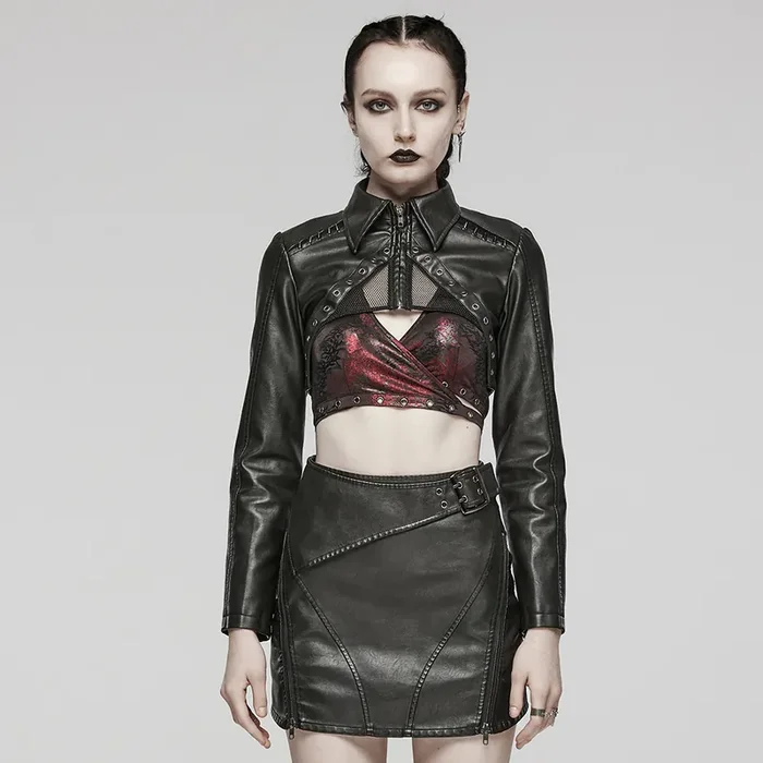 Dark Punk-Schwarze Kunstleder Cropped Jacke