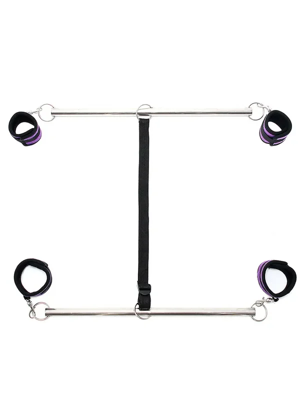 Double Spreader Bar Doppelspreizstange mit Soft-Fesseln, schwarz/silber/lila