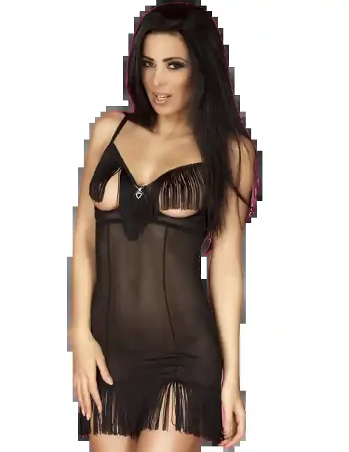 Durchsichtiges Fransen – Babydoll mit offenen Cups & String in schwarz