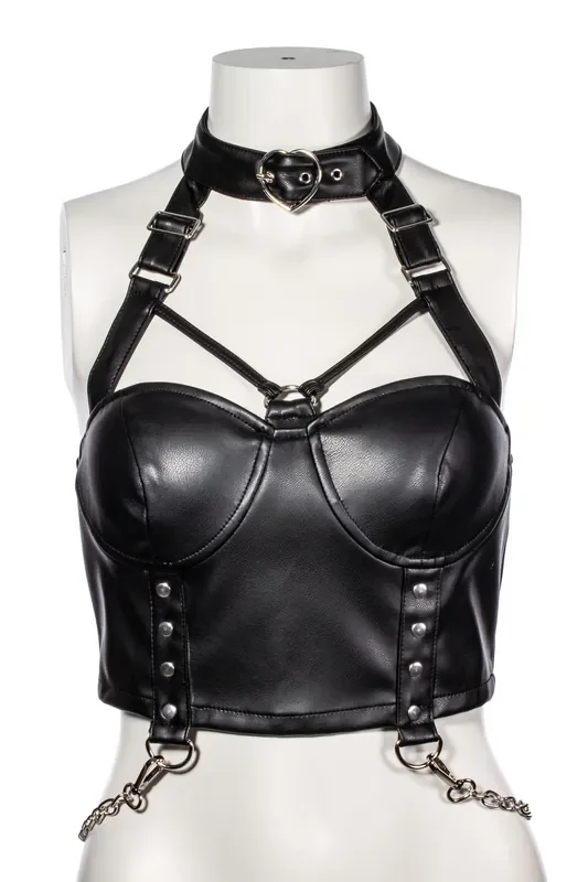Ein schwarzes Kunstleder Top mit Neckholder und Kettendetails (Grösse XXL)