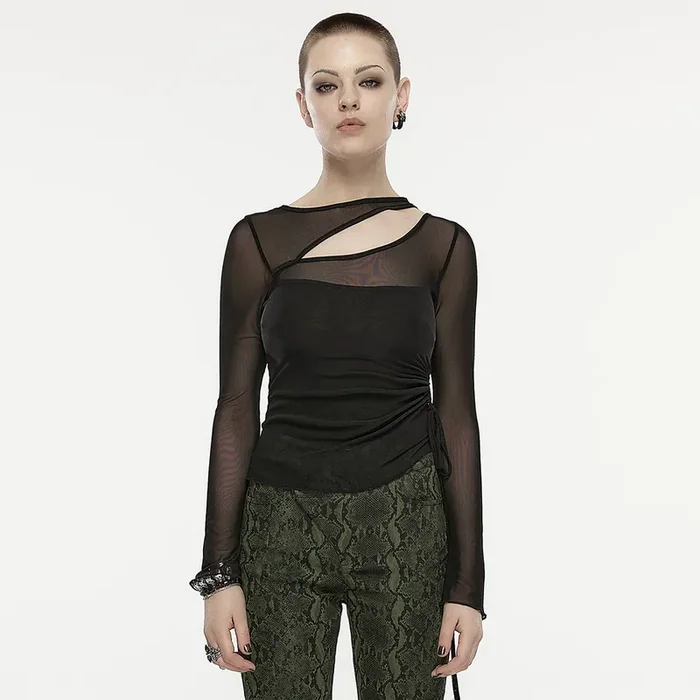 Figurbetontes Mesh-Longsleeve mit Cut-out und Kordelzug