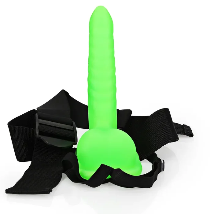 Glow in the Dark Ribbed Hollow Strap-On with Balls – 8 / 21 cm – Neon Green