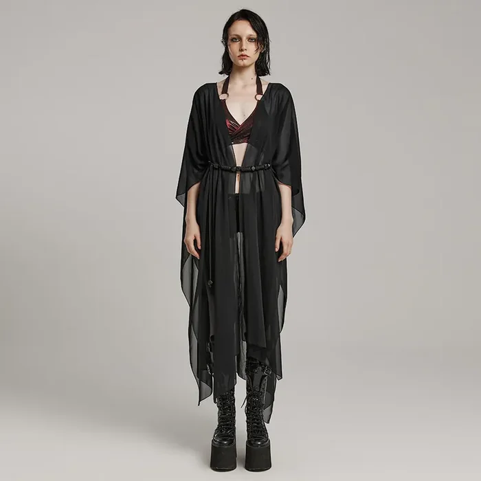 Gothic Duster aus schwarzem Chiffon mit Perlengürtel