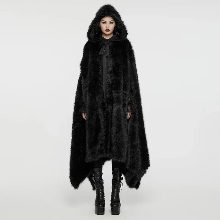 Gothic Fake Fur Umhang mit Kapuze für Damen