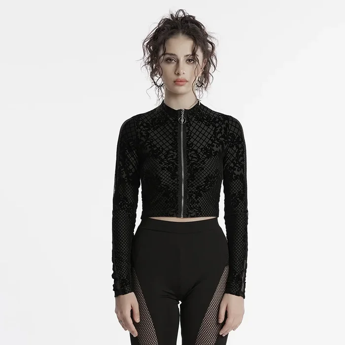 Gothic Langarmshirt mit Flock-Print und Reißverschluss