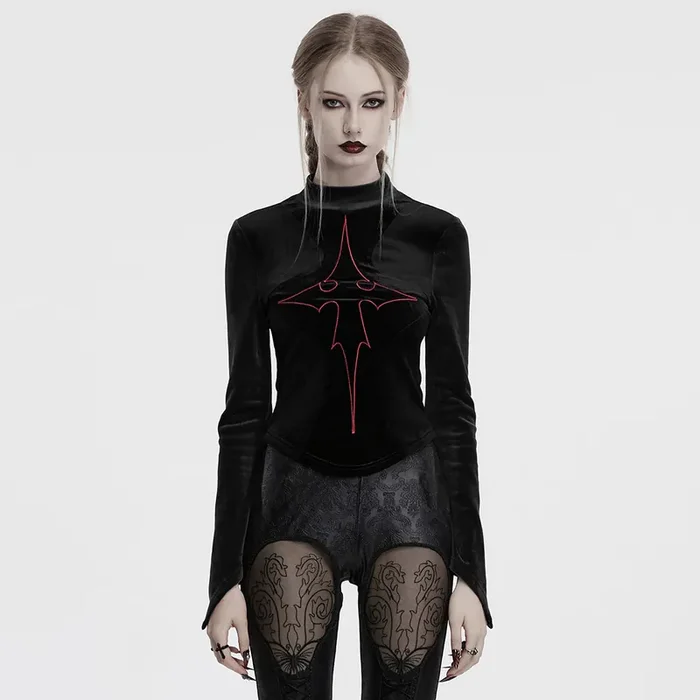 Gothic Samt Top mit kunstvoll gesticktem Kreuz