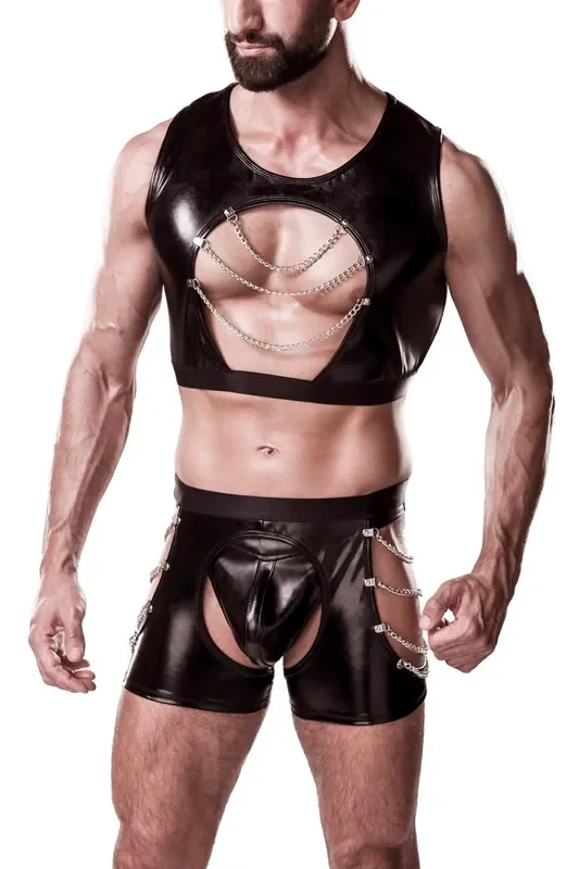 Herren Clubwear-Set aus hochwertigem Lederimitat mit Zierketten