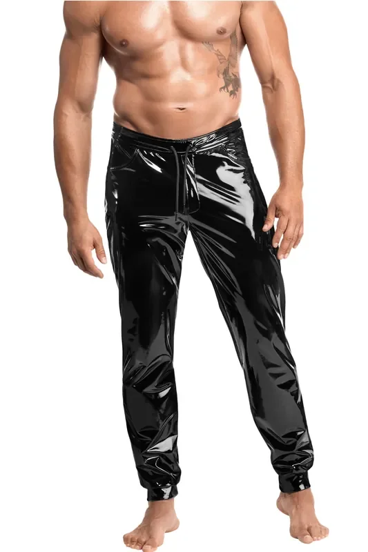 Herren Lack-Hose mit Reißverschluss und Kordelzug – Schwarz