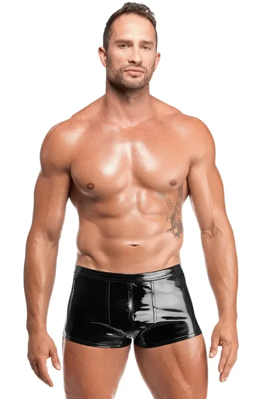 Herren Lack-Shorts mit Zwei-Wege-Reißverschluss – Schwarz
