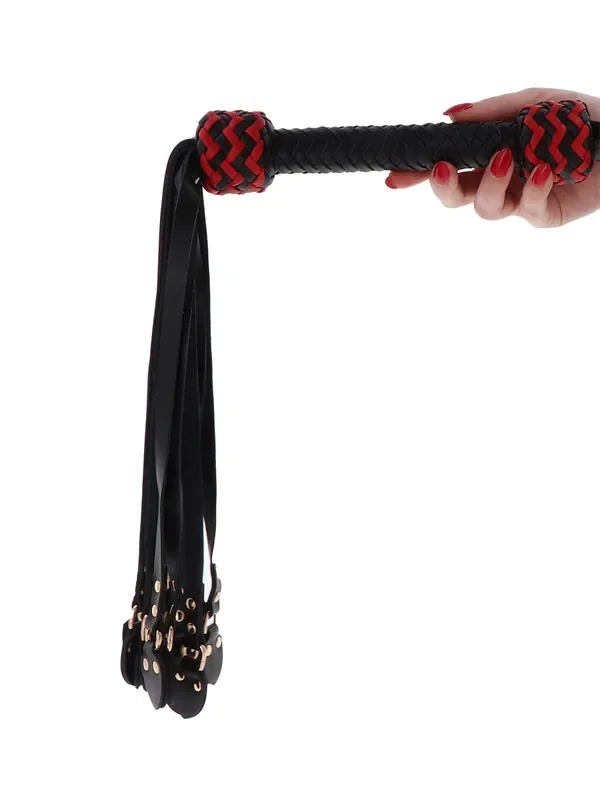 Hidden Desire Masters Real Leather Cat-o-Nine Whip Leder-Peitsche, schwarz/rot