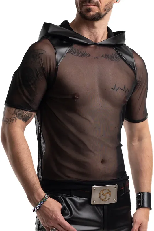 Kapuzen T-Shirt aus Netzmaterial – Schwarz