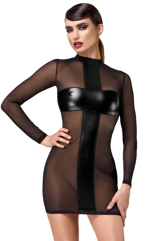 Kreuz-Minikleid mit Netz und Wetlook – Schwarz