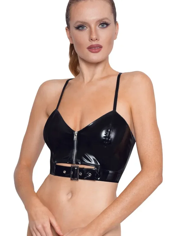 Lack-Top mit Schnalle, schwarz