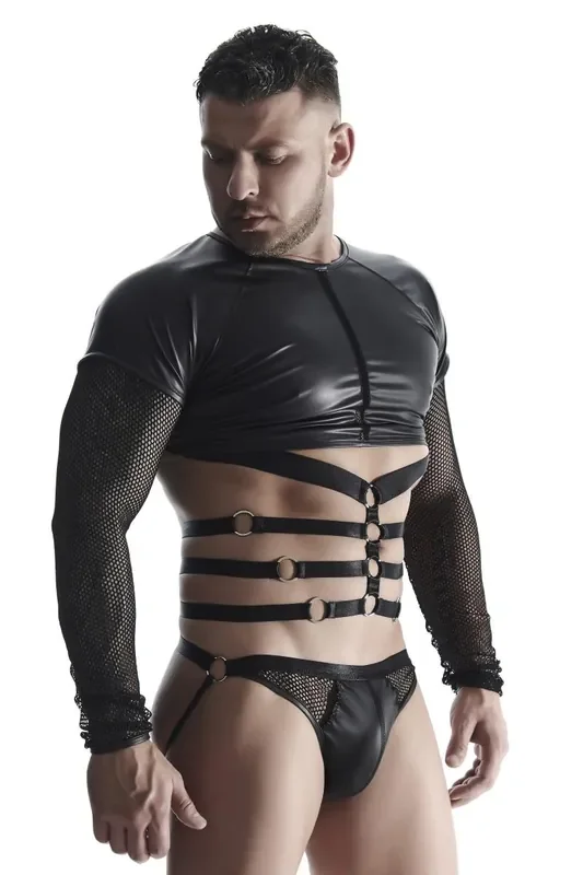 Langärmliges Wetlook Shirt mit Harness Clubwear T-Shirt