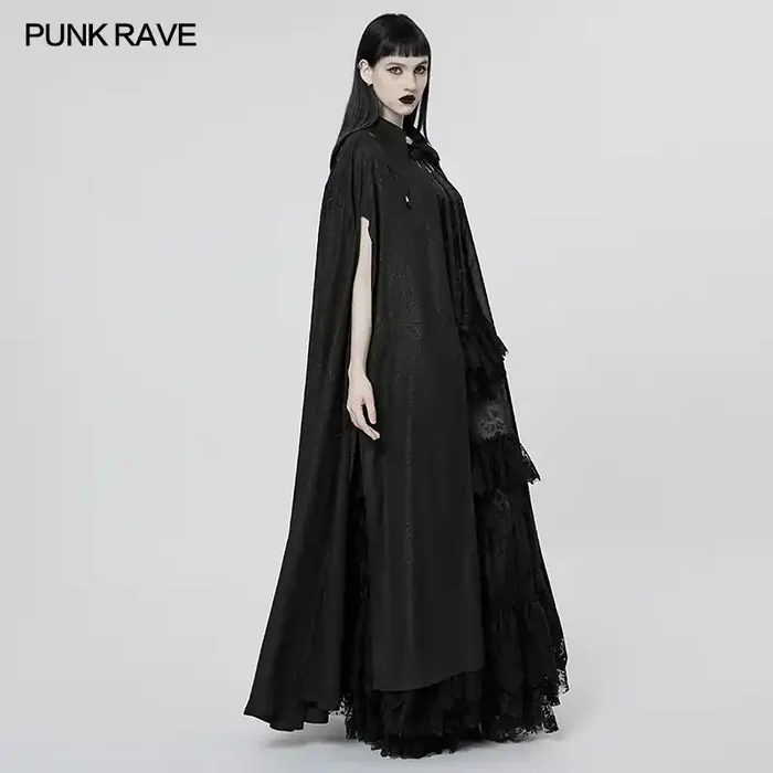 Langer Damenumhang aus us schwarzem, ornamentalem Chiffon