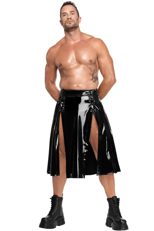 Langer Herren Lack-Rock mit Seitenfalten – Schwarz