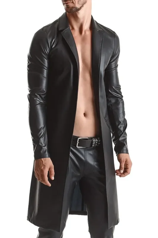 Langer Wetlook Herrenmantel Clubwear Lederimitatmantel