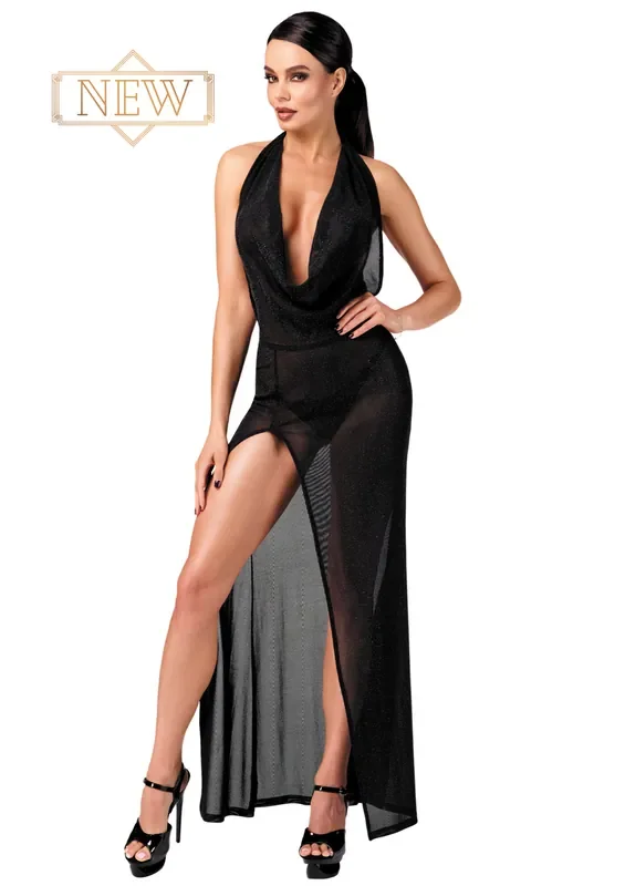 Langes Neckholder-Kleid aus transparentem Tüll