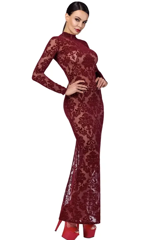 Langes Netz-Kleid mit floraler Flockstickerei – Rot