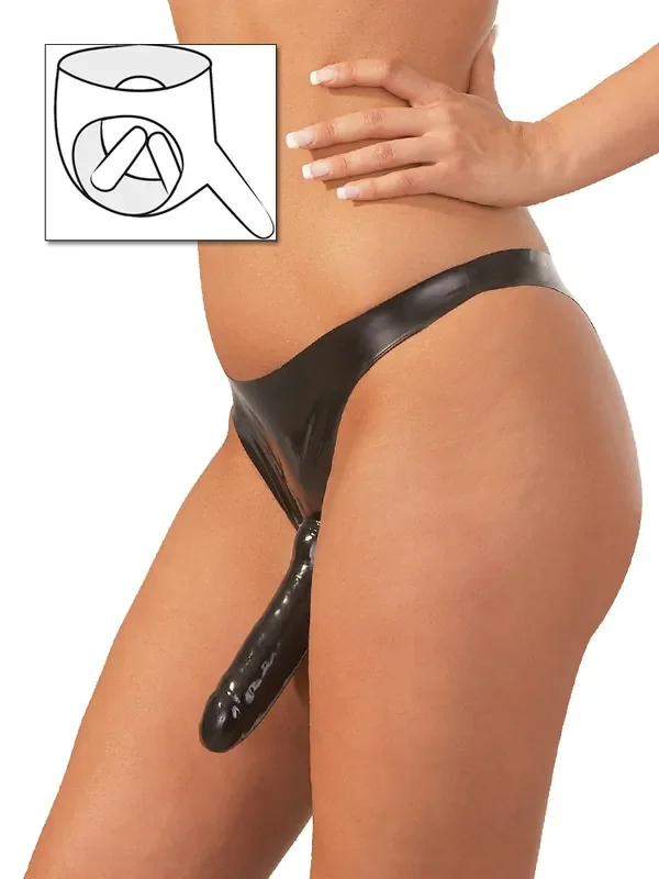 Latex-Slip mit 3fach-Dildo, schwarz