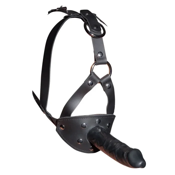 Leather head harness with latex dildo and mouth gag