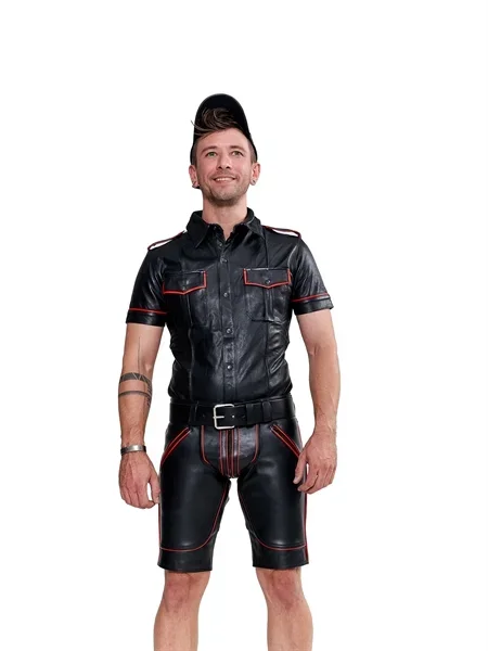 Leder Shirt ‚Police‘ schwarz/rot