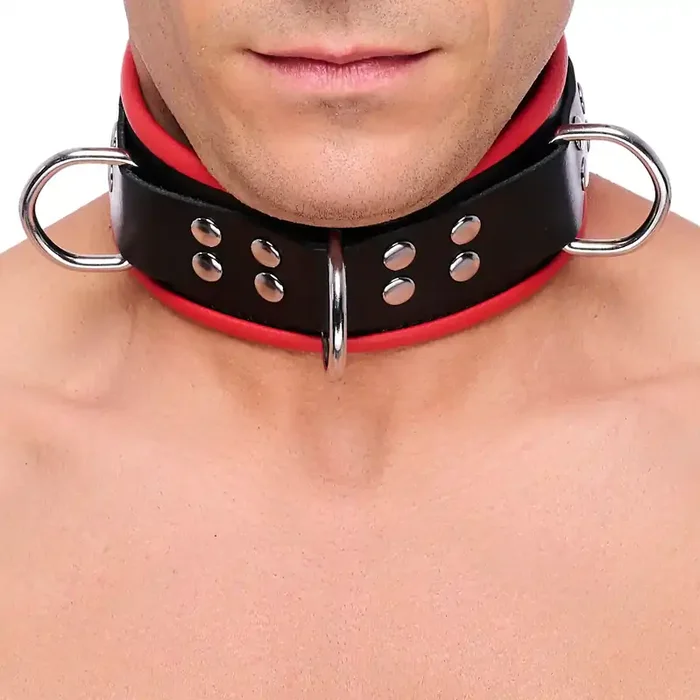Lederhalsband mit 3 D-Ringen Rot