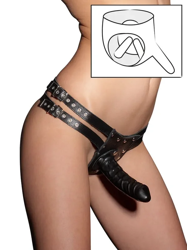 Lederstring mit 3 Dildos, schwarz