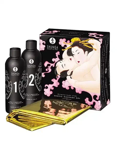 Massagegel-Set für erotische Body to Body Massage – Prickelnder Erdbeer-Wein